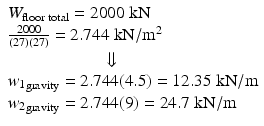 
$$ \begin{array}{l}{W}_{\mathrm{floor}\;\mathrm{total}}=2000\;\mathrm{k}\mathrm{N}\\ {}\frac{2000}{(27)(27)}=2.744\;\mathrm{k}\mathrm{N}/{\mathrm{m}}^2\\ {}\kern5.5em \Downarrow \\ {}{w_1}_{\mathrm{gravity}}=2.744(4.5)=12.35\;\mathrm{k}\mathrm{N}/\mathrm{m}\\ {}{w_2}_{\mathrm{gravity}}=2.744(9)=24.7\;\mathrm{k}\mathrm{N}/\mathrm{m}\end{array} $$
