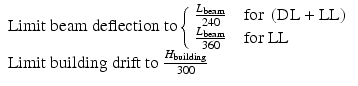 
$$ \begin{array}{l}\mathrm{L}\mathrm{imit}\ \mathrm{beam}\ \mathrm{deflection}\ \mathrm{t}\mathrm{o}\left\{\begin{array}{l}\frac{L_{\mathrm{beam}}}{240}\kern1em \mathrm{f}\mathrm{o}\mathrm{r}\;\left(\mathrm{D}\mathrm{L}+\mathrm{L}\mathrm{L}\right)\\ {}\frac{L_{\mathrm{beam}}}{360}\kern1em \mathrm{f}\mathrm{o}\mathrm{r}\ \mathrm{L}\mathrm{L}\end{array}\right.\\ {}\mathrm{L}\mathrm{imit}\ \mathrm{building}\ \mathrm{drift}\ \mathrm{to}\ \frac{H_{\mathrm{building}}}{300}\end{array} $$
