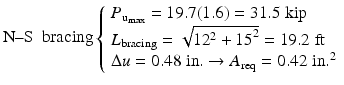 
$$ \mathrm{N}\hbox{--} \mathrm{S}\kern0.5em \mathrm{bracing}\left\{\begin{array}{l}{P}_{{\mathrm{u}}_{\max }}=19.7(1.6)=31.5\;\mathrm{kip}\\ {}{L}_{\mathrm{bracing}}=\sqrt{12^2+{15}^2}=19.2\;\mathrm{ft}\\ {}\Delta u=0.48\;\mathrm{in}.\to {A}_{\mathrm{req}}=0.42\;\mathrm{in}{.}^2\end{array}\right. $$
