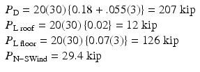 
$$ \begin{array}{l}{P}_{\mathrm{D}}=20(30)\left\{0.18+.055(3)\right\}=207\;\mathrm{kip}\\ {}{P}_{\mathrm{L}\;\mathrm{roof}}=20(30)\left\{0.02\right\}=12\;\mathrm{kip}\\ {}{P}_{\mathrm{L}\;\mathrm{floor}}=20(30)\left\{0.07(3)\right\}=126\;\mathrm{kip}\\ {}{P_{\mathrm{N}-\mathrm{S}}}_{\mathrm{Wind}}=29.4\;\mathrm{kip}\end{array} $$
