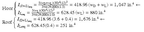 
$$ \begin{array}{l}\mathrm{Floor}\left\{\begin{array}{l}{I}_{{\left(D+L\right)}_{\mathrm{req}}}=\frac{5\left({w}_{\mathrm{D}}+{w}_{\mathrm{L}}\right){(30)}^4{(12)}^3}{384\left(29,000\right)(1.5)}=418.96\left({w}_{\mathrm{D}}+{w}_{\mathrm{L}}\right)=1,047\;\mathrm{in}{.}^4\leftarrow \\ {}{I}_{L_{\mathrm{req}}}=\frac{5\left({w}_{\mathrm{L}}\right){(30)}^4{(12)}^3}{384\left(29,000\right)(1.0)}=628.45\left({w}_{\mathrm{L}}\right)=880\;\mathrm{in}{.}^4\end{array}\right.\\ {}\mathrm{Roof}\left\{\begin{array}{l}{I}_{{\left(\mathrm{D}+\mathrm{L}\right)}_{\mathrm{req}}}=418.96\left(3.6+0.4\right)=1,676\;\mathrm{in}{.}^4\leftarrow \\ {}{I}_{\mathrm{L}\mathrm{req}}=628.45(0.4)=251\;\mathrm{in}{.}^4\end{array}\right.\end{array} $$
