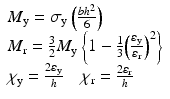 $$ \begin{array}{l}{M}_{\mathrm{y}}={\sigma}_{\mathrm{y}}\left(\frac{b{h}^2}{6}\right)\\ {}{M}_{\mathrm{r}}=\frac{3}{2}{M}_{\mathrm{y}}\left\{1-\frac{1}{3}{\left(\frac{\varepsilon_{\mathrm{y}}}{\varepsilon_{\mathrm{r}}}\right)}^2\right\}\\ {}{\chi}_{\mathrm{y}}=\frac{2{\varepsilon}_{\mathrm{y}}}{h}\kern1em {\chi}_{\mathrm{r}}=\frac{2{\varepsilon}_{\mathrm{r}}}{h}\end{array} $$