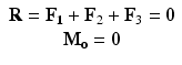 
$$ \begin{array}{c}\mathbf{R}={\mathbf{F}}_{\mathbf{1}}+{\mathbf{F}}_2+{\mathbf{F}}_3=\mathbf{0}\\ {}{\mathbf{M}}_{\mathbf{o}}=\mathbf{0}\end{array} $$
