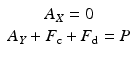 
$$ \begin{array}{c}{A}_X=0\\ {}{A}_Y+{F}_{\mathrm{c}}+{F}_{\mathrm{d}}=P\end{array} $$
