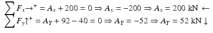 
$$ \begin{array}{l}{\displaystyle \sum {F}_x{\to}^{+}={A}_x+200=0\Rightarrow {A}_x=-200\Rightarrow {A}_x=200\;\mathrm{k}\mathrm{N}\kern0.15em \leftarrow}\\ {}{\displaystyle \sum {F}_y{\uparrow}^{+}={A}_Y+92-40=0\Rightarrow {A}_Y=-52\Rightarrow {A}_Y=52\;\mathrm{k}\mathrm{N}\downarrow}\end{array} $$
