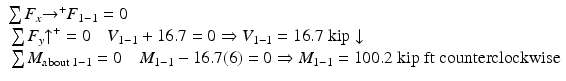 
$$ \begin{array}{l}\sum {F}_x{\to}^{+}{F}_{1-1}=0\hfill \\ {}\sum {F}_y{\uparrow}^{+}=0\kern1em {V}_{1-1}+16.7=0\Rightarrow {V}_{1-1}=16.7\;\mathrm{kip}\downarrow \hfill \\ {}\sum {M}_{\mathrm{about}\;1-1}=0\kern1em {M}_{1-1}-16.7(6)=0\Rightarrow {M}_{1-1}=100.2\;\mathrm{kip}\;\mathrm{ft}\;\mathrm{counterclockwise}\hfill \end{array} $$
