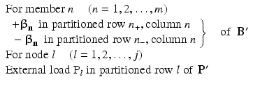 
$$ \begin{array}{l}\mathrm{F}\mathrm{o}\mathrm{r}\;\mathrm{member}\;n\kern1em \left(n=1,2,\dots, m\right)\hfill \\ {}\left.\begin{array}{l}+{\boldsymbol{\upbeta}}_{\mathbf{n}}\kern0.5em \mathrm{in}\;\mathrm{partitioned}\;\mathrm{r}\mathrm{o}\mathrm{w}\;{n}_{+},\mathrm{column}\;n\\ {}-{\boldsymbol{\upbeta}}_{\mathbf{n}}\kern0.5em \mathrm{in}\;\mathrm{partitioned}\;\mathrm{r}\mathrm{o}\mathrm{w}\;{n}_{-},\mathrm{column}\;n\end{array}\right\}\kern1em \mathrm{o}\mathrm{f}\kern0.5em {\mathbf{B}}^{\mathbf{\prime}}\hfill \\ {}\mathrm{F}\mathrm{o}\mathrm{r}\;\mathrm{node}\;l\kern1em \left(l=1,2,\dots, j\right)\hfill \\ {}\mathrm{External}\;\mathrm{load}\;{\mathrm{P}}_l\;\mathrm{in}\;\mathrm{partitioned}\;\mathrm{r}\mathrm{o}\mathrm{w}\;l\;\mathrm{o}\mathrm{f}\kern0.37em {\mathbf{P}}^{\mathbf{\prime}}\hfill \end{array} $$
