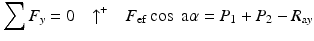 
$$ {\displaystyle \sum {F}_y=0\kern1em {\uparrow}^{+}\kern1em {F}_{\mathrm{ef}} \cos\;\mathrm{a}\alpha ={P}_1+{P}_2-{R}_{\mathrm{a}y}} $$
