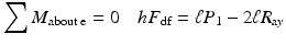 
$$ {\displaystyle \sum {M}_{\mathrm{a}\mathrm{bout}\;\mathrm{e}}=0\kern1em h{F}_{\mathrm{df}}=\ell {P}_1-2\ell {R}_{\mathrm{a}y}} $$
