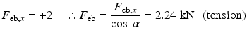 
$$ {F}_{\mathrm{eb},x}=+2\kern1em \therefore {F}_{\mathrm{eb}}=\frac{F_{\mathrm{eb},x}}{ \cos\;\alpha }=2.24\;\mathrm{k}\mathrm{N}\kern0.5em \left(\mathrm{tension}\right) $$
