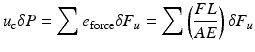 
$$ {u}_{\mathrm{c}}\delta P={\displaystyle \sum {e}_{\mathrm{force}}\delta {F}_u}={\displaystyle \sum \left(\frac{FL}{AE}\right)\delta {F}_u} $$
