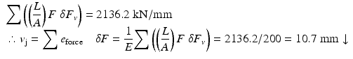 
$$ \begin{array}{l}{\displaystyle \sum \left(\left(\frac{L}{A}\right)F\;\delta {F}_v\right)}=2136.2\;\mathrm{k}\mathrm{N}/\mathrm{mm}\hfill \\ {}\therefore {v}_{\mathrm{j}}={\displaystyle \sum {e}_{\mathrm{force}}\kern1em \delta F=\frac{1}{E}{\displaystyle \sum \left(\left(\frac{L}{A}\right)F\;\delta {F}_v\right)}=2136.2/200=10.7\;\mathrm{mm}\downarrow}\hfill \end{array} $$
