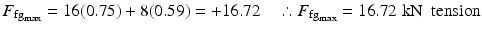 
$$ {F}_{{\mathrm{fg}}_{\max }}=16(0.75)+8(0.59)=+16.72\kern1em \therefore {F}_{{\mathrm{fg}}_{\max }}=16.72\;\mathrm{k}\mathrm{N}\kern0.5em \mathrm{tension} $$
