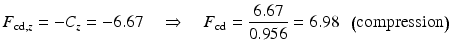 
$$ {F}_{\mathrm{cd},z}=-{C}_z=-6.67\kern1em \Rightarrow \kern1em {F}_{\mathrm{cd}}=\frac{6.67}{0.956}=6.98\kern0.5em \left(\mathrm{compression}\right) $$
