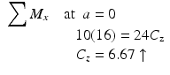 
$$ \begin{array}{l}{\displaystyle \sum {M}_x}\kern1em \mathrm{at}\kern0.5em a=0\\ {}\kern4.5em 10(16)=24{C}_{\mathrm{z}}\\ {}\kern4.5em {C}_z=6.67\uparrow \end{array} $$
