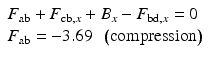 
$$ \begin{array}{l}{F}_{\mathrm{ab}}+{F}_{\mathrm{cb},x}+{B}_x-{F}_{\mathrm{bd},x}=0\\ {}{F}_{\mathrm{ab}}=-3.69\kern0.5em \left(\mathrm{compression}\right)\end{array} $$
