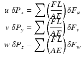 
$$ \begin{array}{c}u\;\delta {P}_x={\displaystyle \sum \left(\frac{FL}{AE}\right)\delta {F}_u}\\ {}v\;\delta {P}_y={\displaystyle \sum \left(\frac{FL}{AE}\right)\delta {F}_v}\\ {}w\;\delta {P}_z={\displaystyle \sum \left(\frac{FL}{AE}\right)\delta {F}_w}\end{array} $$
