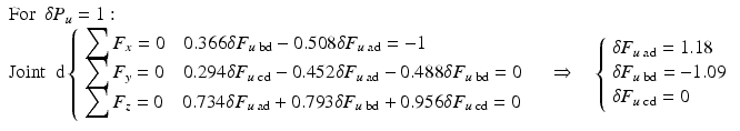 
$$ \begin{array}{l}\mathrm{F}\mathrm{o}\mathrm{r}\kern0.5em \delta {P}_u=1:\hfill \\ {}\mathrm{Joint}\kern0.5em \mathrm{d}\left\{\begin{array}{l}{\displaystyle \sum {F}_x}=0\kern1em 0.366\delta {F}_{u\;\mathrm{b}\mathrm{d}}-0.508\delta {F}_{u\;\mathrm{ad}}=-1\\ {}{\displaystyle \sum {F}_y}=0\kern1em 0.294\delta {F}_{u\;\mathrm{cd}}-0.452\delta {F}_{u\;\mathrm{ad}}-0.488\delta {F}_{u\;\mathrm{b}\mathrm{d}}=0\\ {}{\displaystyle \sum {F}_z}=0\kern1em 0.734\delta {F}_{u\;\mathrm{ad}}+0.793\delta {F}_{u\;\mathrm{b}\mathrm{d}}+0.956\delta {F}_{u\;\mathrm{cd}}=0\end{array}\right.\kern1em \Rightarrow \kern1em \left\{\begin{array}{l}\delta {F}_{u\;\mathrm{ad}}=1.18\\ {}\delta {F}_{u\;\mathrm{b}\mathrm{d}}=-1.09\\ {}\delta {F}_{u\;\mathrm{cd}}=0\end{array}\right.\hfill \end{array} $$
