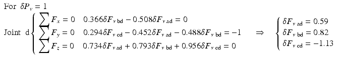 
$$ \begin{array}{l}\mathrm{F}\mathrm{o}\mathrm{r}\kern0.5em \delta {P}_v=1\hfill \\ {}\mathrm{Joint}\kern0.5em \mathrm{d}\left\{\begin{array}{l}{\displaystyle \sum {F}_x}=0\kern1em 0.366\delta {F}_{\nu\;\mathrm{b}\mathrm{d}}-0.508\delta {F}_{\nu\;\mathrm{ad}}=0\\ {}{\displaystyle \sum {F}_y}=0\kern1em 0.294\delta {F}_{\nu\;\mathrm{cd}}-0.452\delta {F}_{\nu\;\mathrm{ad}}-0.488\delta {F}_{\nu\;\mathrm{b}\mathrm{d}}=-1\\ {}{\displaystyle \sum {F}_z}=0\kern1em 0.734\delta {F}_{\nu\;\mathrm{ad}}+0.793\delta {F}_{\nu\;\mathrm{b}\mathrm{d}}+0.956\delta {F}_{\nu\;\mathrm{cd}}=0\end{array}\right.\kern1em \Rightarrow \kern1em \left\{\begin{array}{l}\delta {F}_{\nu\;\mathrm{ad}}=0.59\\ {}\delta {F}_{\nu\;\mathrm{b}\mathrm{d}}=0.82\\ {}\delta {F}_{\nu\;\mathrm{cd}}=-1.13\end{array}\right.\hfill \end{array} $$
