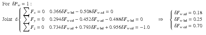 
$$ \begin{array}{l}\mathrm{F}\mathrm{o}\mathrm{r}\kern0.5em \delta {P}_w=1:\hfill \\ {}\mathrm{Joint}\kern0.5em \mathrm{d}\left\{\begin{array}{l}{\displaystyle \sum {F}_x}=0\kern1em 0.366\delta {F}_{w\;\mathrm{b}\mathrm{d}}-0.508\delta {F}_{w\;\mathrm{ad}}=0\\ {}{\displaystyle \sum {F}_y}=0\kern1em 0.294\delta {F}_{w\;\mathrm{cd}}-0.452\delta {F}_{w\;\mathrm{ad}}-0.488\delta {F}_{w\;\mathrm{b}\mathrm{d}}=0\\ {}{\displaystyle \sum {F}_z}=0\kern1em 0.734\delta {F}_{w\;\mathrm{ad}}+0.793\delta {F}_{w\;\mathrm{b}\mathrm{d}}+0.956\delta {F}_{w\;\mathrm{cd}}=-1.0\end{array}\right.\kern1em \Rightarrow \kern1em \left\{\begin{array}{l}\delta {F}_{w\;\mathrm{ad}}=0.18\\ {}\delta {F}_{w\;\mathrm{b}\mathrm{d}}=0.25\\ {}\delta {F}_{w\;\mathrm{cd}}=0.70\end{array}\right.\hfill \end{array} $$
