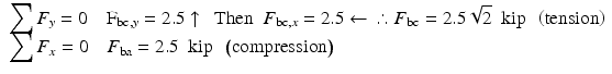 
$$ \begin{array}{l}{\displaystyle \sum {F}_y=0\kern1em {\mathrm{F}}_{\mathrm{bc},y}=2.5\uparrow \kern.5em \mathrm{Then}\kern0.5em {F}_{\mathrm{bc},x}=2.5\leftarrow \kern.5em \therefore {F}_{\mathrm{bc}}=2.5\sqrt{2}\kern0.5em \mathrm{kip}\kern0.5em \left(\mathrm{tension}\right)}\\ {}{\displaystyle \sum {F}_x=0\kern1em {F}_{\mathrm{ba}}=2.5\kern0.5em \mathrm{kip}\kern0.5em \left(\mathrm{compression}\right)}\end{array} $$
