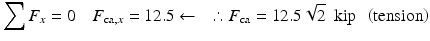 
$$ {\displaystyle \sum {F}_x=0\kern1em {F}_{\mathrm{ca},x}=12.5\leftarrow \kern1em \therefore {F}_{\mathrm{ca}}=12.5\sqrt{2}\kern0.5em \mathrm{kip}\kern0.5em \left(\mathrm{tension}\right)} $$
