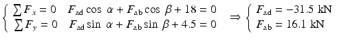 
$$ \left\{\begin{array}{c}\hfill \sum {F}_x=0\kern1em {F}_{\mathrm{ad}} \cos\;\alpha +{F}_{\mathrm{ab}} \cos\;\beta +18=0\hfill \\ {}\hfill \sum {F}_y=0\kern1em {F}_{\mathrm{ad}} \sin\;\alpha +{F}_{\mathrm{ab}} \sin\;\beta +4.5=0\hfill \end{array}\right.\kern.5em \Rightarrow \kern.1em \left\{\begin{array}{l}{F}_{\mathrm{ad}}=-31.5\;\mathrm{k}\mathrm{N}\\ {}{F}_{\mathrm{ab}}=16.1\;\mathrm{k}\mathrm{N}\end{array}\right. $$
