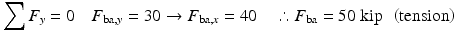 
$$ {\displaystyle \sum {F}_y=0\kern1em {F}_{\mathrm{ba},y}=30\to {F}_{\mathrm{ba},x}=40\kern1em \therefore {F}_{\mathrm{ba}}=50\;\mathrm{kip}\kern0.5em \left(\mathrm{tension}\right)} $$
