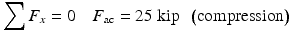 
$$ {\displaystyle \sum {F}_x=0\kern1em {F}_{\mathrm{ac}}=25\;\mathrm{kip}\kern0.5em \left(\mathrm{compression}\right)} $$
