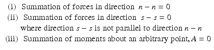 
$$ \begin{array}{l}\kern0.5em \left(\mathrm{i}\right)\kern0.5em \mathrm{Summation}\;\mathrm{o}\mathrm{f}\;\mathrm{f}\mathrm{o}\mathrm{rces}\;\mathrm{i}\mathrm{n}\;\mathrm{direction}\kern0.5em n-n=0\\ {}\;\left(\mathrm{i}\mathrm{i}\right)\kern0.5em \mathrm{Summation}\;\mathrm{o}\mathrm{f}\;\mathrm{f}\mathrm{o}\mathrm{rces}\;\mathrm{i}\mathrm{n}\;\mathrm{direction}\kern0.5em s-s=0\\ {}\kern2em \mathrm{where}\;\mathrm{direction}\;s-s\;\mathrm{i}\mathrm{s}\;\mathrm{n}\mathrm{o}\mathrm{t}\;\mathrm{parallel}\;\mathrm{t}\mathrm{o}\;\mathrm{direction}\;n-n\\ {}\left(\mathrm{i}\mathrm{i}\mathrm{i}\right)\kern0.5em \mathrm{Summation}\;\mathrm{o}\mathrm{f}\;\mathrm{moments}\;\mathrm{about}\;\mathrm{an}\;\mathrm{arbitrary}\;\mathrm{point},A=0\end{array} $$
