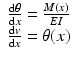 
$$ \begin{array}{c}\frac{\mathrm{d}\theta }{\mathrm{d}x}=\frac{M(x)}{EI}\\ {}\frac{\mathrm{d}v}{\mathrm{d}x}=\theta (x)\end{array} $$
