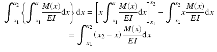 
$$ \begin{array}{c}{\displaystyle {\int}_{x_1}^{x_2}\left\{{\displaystyle {\int}_{x_1}^x\frac{M(x)}{EI}\mathrm{d}x}\right\}\mathrm{d}x}={\left[x{\displaystyle {\int}_{x_1}^x\frac{M(x)}{EI}\mathrm{d}x}\right]}_{x_1}^{x_2}-{\displaystyle {\int}_{x_1}^{x_2}x\frac{M(x)}{EI}\mathrm{d}x}\\ {}={\displaystyle {\int}_{x_1}^{x_2}\left({x}_2-x\right)\frac{M(x)}{EI}\mathrm{d}x}\end{array} $$
