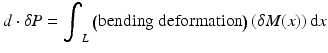 
$$ d\cdot \delta P={\displaystyle {\int}_L\left(\mathrm{bending}\;\mathrm{deformation}\right)\left(\delta M(x)\right)\mathrm{d}x} $$
