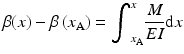 
$$ \beta (x)-\beta \left({x}_{\mathrm{A}}\right)={\displaystyle {\int}_{x_{\mathrm{A}}}^x\frac{M}{EI}\mathrm{d}x} $$
