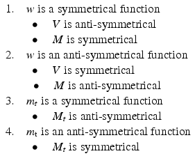 
$$ \begin{array}{l}1.\kern1em w\;\mathrm{is}\;\mathrm{a}\;\mathrm{symmetrical}\;\mathrm{function}\\ {}\kern2em \bullet \kern1em V\;\mathrm{is}\;\mathrm{a}\mathrm{n}\mathrm{ti}\hbox{-} \mathrm{symmetrical}\\ {}\kern2em \bullet \kern1em M\;\mathrm{is}\;\mathrm{symmetrical}\\ {}2.\kern1em w\;\mathrm{is}\;\mathrm{a}\mathrm{n}\;\mathrm{a}\mathrm{n}\mathrm{ti}\hbox{-} \mathrm{symmetrical}\;\mathrm{function}\\ {}\kern2em \bullet \kern1em V\;\mathrm{is}\;\mathrm{symmetrical}\\ {}\kern2.12em \bullet \kern1em M\;\mathrm{is}\;\mathrm{a}\mathrm{n}\mathrm{ti}\hbox{-} \mathrm{symmetrical}\\ {}3.\kern1em {m}_t\;\mathrm{is}\;\mathrm{a}\;\mathrm{symmetrical}\;\mathrm{function}\\ {}\kern2em \bullet \kern1em {M}_t\;\mathrm{is}\;\mathrm{a}\mathrm{n}\mathrm{ti}\hbox{-} \mathrm{symmetrical}\\ {}4.\kern1em {m}_{\mathrm{t}}\;\mathrm{is}\;\mathrm{a}\mathrm{n}\;\mathrm{a}\mathrm{n}\mathrm{ti}\hbox{-} \mathrm{symmetrical}\;\mathrm{function}\\ {}\kern2em \bullet \kern1em {M}_t\;\mathrm{is}\;\mathrm{symmetrical}\end{array} $$
