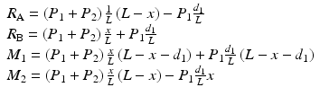 
$$ \begin{array}{l}{R}_{\mathrm{A}}=\left({P}_1+{P}_2\right)\frac{1}{L}\left(L-x\right)-{P}_1\frac{d_1}{L}\\ {}{R}_{\mathrm{B}}=\left({P}_1+{P}_2\right)\frac{x}{L}+{P}_1\frac{d_1}{L}\\ {}{M}_1=\left({P}_1+{P}_2\right)\frac{x}{L}\left(L-x-{d}_1\right)+{P}_1\frac{d_1}{L}\left(L-x-{d}_1\right)\\ {}{M}_2=\left({P}_1+{P}_2\right)\frac{x}{L}\left(L-x\right)-{P}_1\frac{d_1}{L}x\end{array} $$
