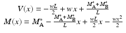 
$$ \begin{array}{c}V(x)=-\frac{wL}{2}+wx+\frac{M_{\mathrm{A}}^{*}+{M}_{\mathrm{B}}^{*}}{L}\\ {}M(x)={M}_{\mathrm{A}}^{*}-\frac{M_{\mathrm{A}}^{*}+{M}_{\mathrm{B}}^{*}}{L}x+\frac{wL}{2}x-\frac{w{x}^2}{2}\end{array} $$
