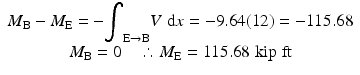 
$$ \begin{array}{c}{M}_{\mathrm{B}}-{M}_{\mathrm{E}}=-{\displaystyle {\int}_{\mathrm{E}\to \mathrm{B}}V\;\mathrm{d}x=-9.64(12)=-115.68}\\ {}{M}_{\mathrm{B}}=0\kern1em \therefore {M}_{\mathrm{E}}=115.68\;\mathrm{kip}\;\mathrm{ft}\end{array} $$
