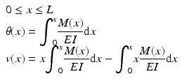 
$$ \begin{array}{l}0\le x\le L\\ {}\theta (x)={\displaystyle {\int}_0^x\frac{M(x)}{EI}\mathrm{d}x}\\ {}v(x)=x{\displaystyle {\int}_0^x\frac{M(x)}{EI}\mathrm{d}x}-{\displaystyle {\int}_0^xx\frac{M(x)}{EI}\mathrm{d}x}\end{array} $$
