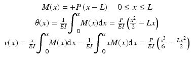 
$$ \begin{array}{c}M(x)=+P\left(x-L\right)\kern1em 0\le x\le L\\ {}\theta (x)=\frac{1}{EI}{\displaystyle {\int}_0^xM(x)\mathrm{d}x}=\frac{P}{EI}\left(\frac{x^2}{2}-Lx\right)\\ {}v(x)=\frac{x}{EI}{\displaystyle {\int}_0^xM(x)\mathrm{d}x}-\frac{1}{EI}{\displaystyle {\int}_0^xxM(x)\mathrm{d}x}=\frac{P}{EI}\left(\frac{x^3}{6}-\frac{L{x}^2}{2}\right)\end{array} $$
