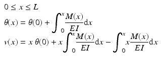 
$$ \begin{array}{l}0\le x\le L\\ {}\theta (x)=\theta (0)+{\displaystyle {\int}_0^x\frac{M(x)}{EI}\mathrm{d}x}\\ {}v(x)=x\;\theta (0)+x{\displaystyle {\int}_0^x\frac{M(x)}{EI}\mathrm{d}x}-{\displaystyle {\int}_0^xx\frac{M(x)}{EI}\mathrm{d}x}\end{array} $$
