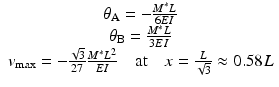 
$$ \begin{array}{c}{\theta}_{\mathrm{A}}=-\frac{M^{*}L}{6EI}\\ {}{\theta}_{\mathrm{B}}=\frac{M^{*}L}{3EI}\\ {}{v}_{\max }=-\frac{\sqrt{3}}{27}\frac{M^{*}{L}^2}{EI}\kern1em \mathrm{at}\kern1em x=\frac{L}{\sqrt{3}}\approx 0.58L\end{array} $$
