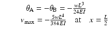 
$$ \begin{array}{c}{\theta}_{\mathrm{A}}=-{\theta}_{\mathrm{B}}=-\frac{w{L}^3}{24EI}\\ {}\kern2em {v}_{\max }=-\frac{5w{L}^4}{384EI}\kern1em \mathrm{at}\kern1em x=\frac{L}{2}\end{array} $$
