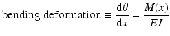 
$$ \mathrm{bending}\;\mathrm{deformation}\equiv \frac{\mathrm{d}\theta }{\mathrm{d}x}=\frac{M(x)}{EI} $$
