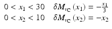 
$$ \begin{array}{l}0<{x}_1<30\kern1em \delta {M}_{v_{\mathrm{C}}}\left({x}_1\right)=-\frac{x_1}{3}\\ {}0<{x}_2<10\kern1em \delta {M}_{v_{\mathrm{C}}}\left({x}_2\right)=-{x}_2\end{array} $$
