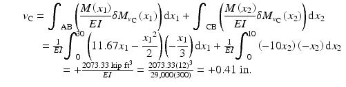 
$$ \begin{array}{c}{v}_{\mathrm{C}}={\displaystyle {\int}_{\mathrm{AB}}\left(\frac{M\left({x}_1\right)}{EI}\delta {M}_{v_{\mathrm{C}}}\left({x}_1\right)\right)\mathrm{d}{x}_1}+{\displaystyle {\int}_{\mathrm{C}\mathrm{B}}\left(\frac{M\left({x}_2\right)}{EI}\delta {M}_{v_{\mathrm{C}}}\left({x}_2\right)\right)\mathrm{d}{x}_2}\\ {}\kern2.8em =\frac{1}{EI}{\displaystyle {\int}_0^{30}\left(11.67{x}_1-\frac{{x_1}^2}{2}\right)\left(-\frac{x_1}{3}\right)\mathrm{d}{x}_1}+\frac{1}{EI}{\displaystyle {\int}_0^{10}\left(-10{x}_2\right)\left(-{x}_2\right)\mathrm{d}{x}_2}\\ {}\kern-3em =+\frac{2073.33\;\mathrm{kip}\;{\mathrm{ft}}^3}{EI}=\frac{2073.33{(12)}^3}{29,000(300)}=+0.41\;\mathrm{in}.\end{array} $$
