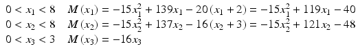 
$$ \begin{array}{l}0<{x}_1<8\kern1em M\left({x}_1\right)=-15{x}_1^2+139{x}_1-20\left({x}_1+2\right)=-15{x}_1^2+119{x}_1-40\\ {}0<{x}_2<8\kern1em M\left({x}_2\right)=-15{x}_2^2+137{x}_2-16\left({x}_2+3\right)=-15{x}_2^2+121{x}_2-48\\ {}0<{x}_3<3\kern1em M\left({x}_3\right)=-16{x}_3\end{array} $$
