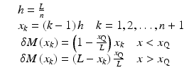 
$$ \begin{array}{c}\kern1em h=\frac{L}{n}\hfill \\ {}\kern1em {x}_k=\left(k-1\right)h\kern1em k=1,2,\dots, n+1\\ {}\delta M\left({x}_k\right)=\left(1-\frac{x_{\mathrm{Q}}}{L}\right){x}_k\kern1em x<{x}_{\mathrm{Q}}\\ {}\delta M\left({x}_k\right)=\left(L-{x}_k\right)\frac{x_{\mathrm{Q}}}{L}\kern1em x>{x}_{\mathrm{Q}}\end{array} $$
