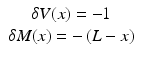 
$$ \begin{array}{c}\delta V(x)=-1\\ {}\delta M(x)=-\left(L-x\right)\end{array} $$
