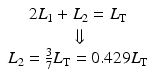 
$$ \begin{array}{c}2{L}_1+{L}_2={L}_{\mathrm{T}}\\ {}\Downarrow \\ {}{L}_2=\frac{3}{7}{L}_{\mathrm{T}}=0.429{L}_{\mathrm{T}}\end{array} $$
